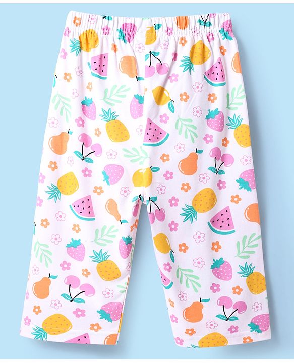 Babyhug Cotton Knit Sleeveless Capri Nightsuit With Strawberry Print - White & Yellow