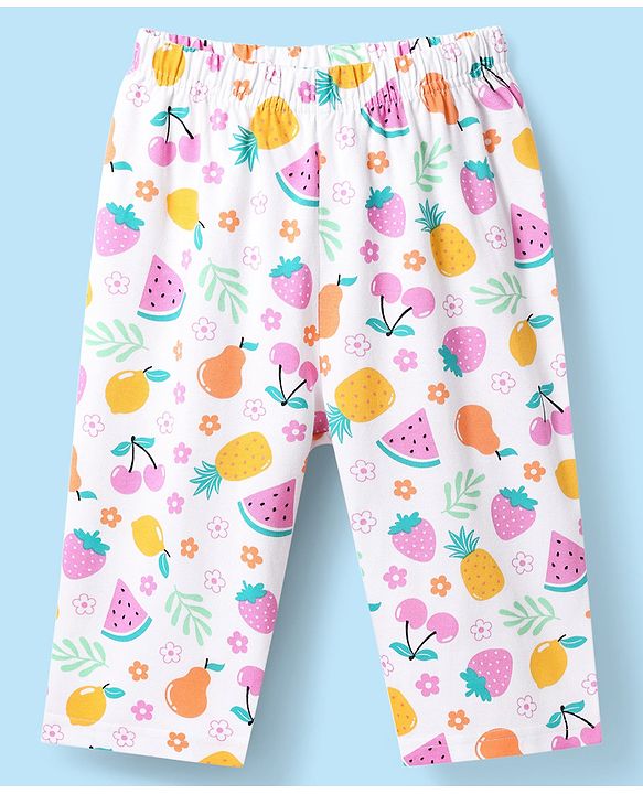 Babyhug Cotton Knit Sleeveless Capri Nightsuit With Strawberry Print - White & Yellow