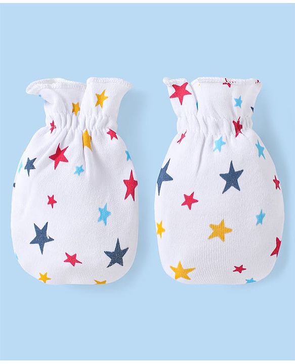 Babyhug 100% Cotton Interlock Knit Mittens & Booties Set with Stars Print - White