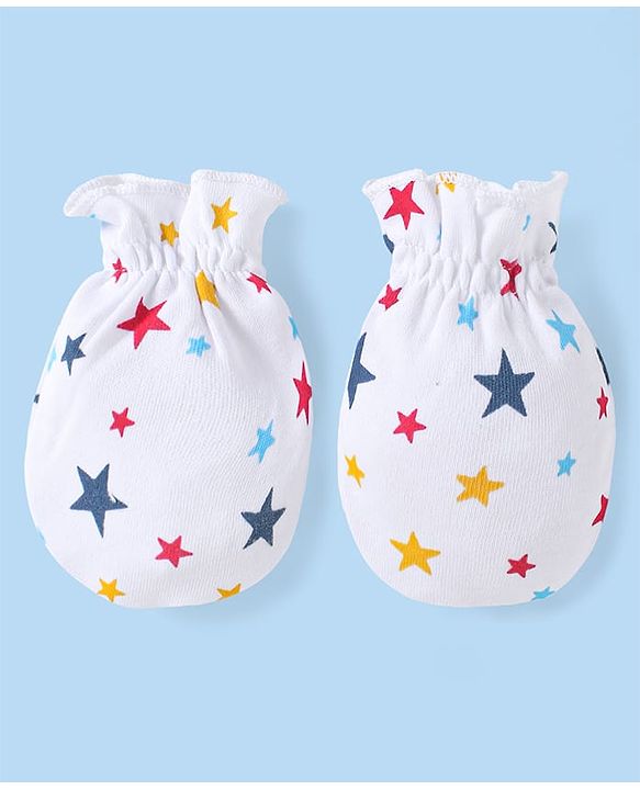 Babyhug 100% Cotton Interlock Knit Mittens & Booties Set with Stars Print - White