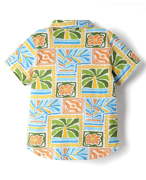 Babyhug Single Jersey Knit Half Sleeves Shirt & Denim Shorts Set with Tropical Theme Print - Navy Blue