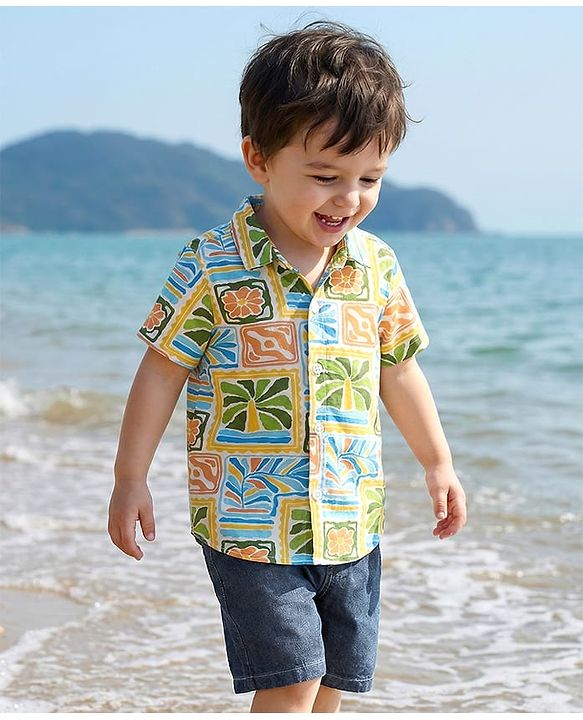 Babyhug Single Jersey Knit Half Sleeves Shirt & Denim Shorts Set with Tropical Theme Print - Navy Blue