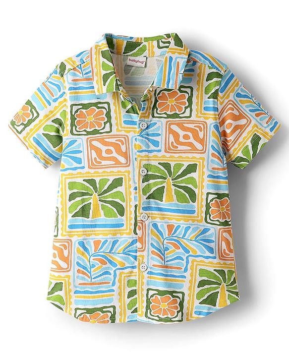 Babyhug Single Jersey Knit Half Sleeves Shirt & Denim Shorts Set with Tropical Theme Print - Navy Blue