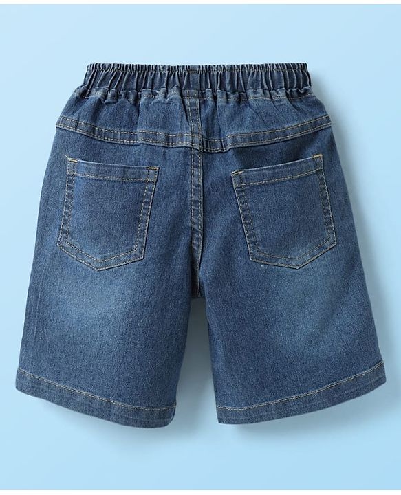 Babyhug Single Jersey Knit Half Sleeves Shirt & Denim Shorts Set With Text Print - White & Blue