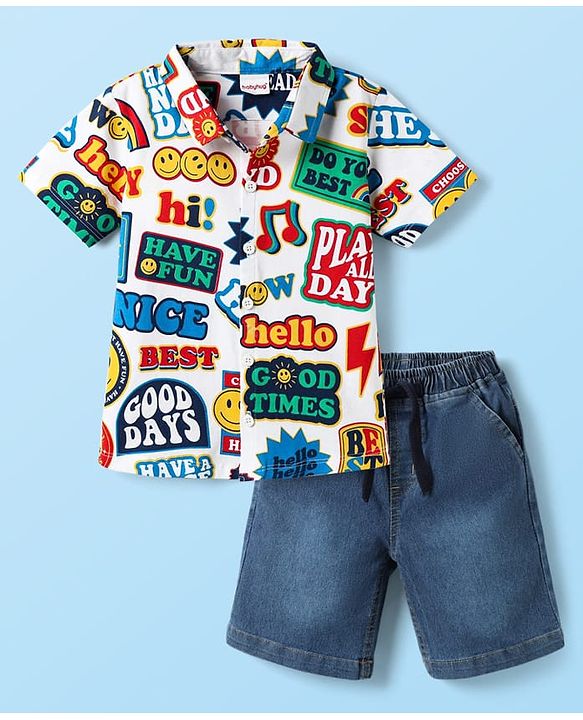 Babyhug Single Jersey Knit Half Sleeves Shirt & Denim Shorts Set With Text Print - White & Blue