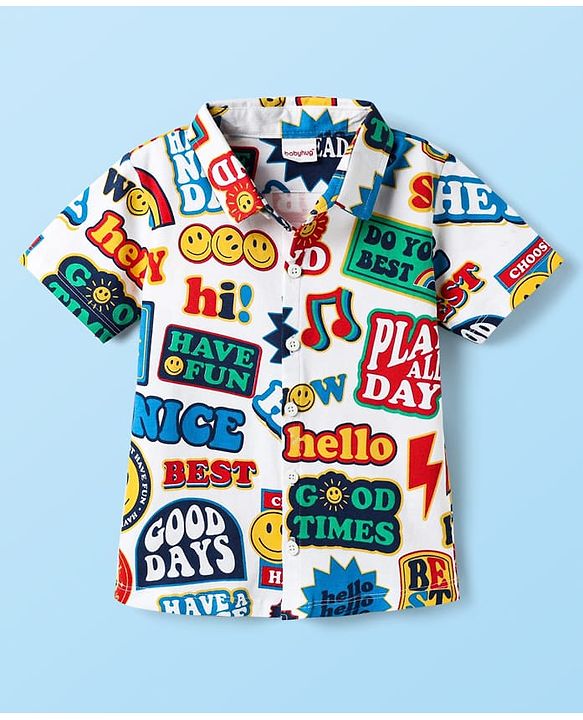 Babyhug Single Jersey Knit Half Sleeves Shirt & Denim Shorts Set With Text Print - White & Blue
