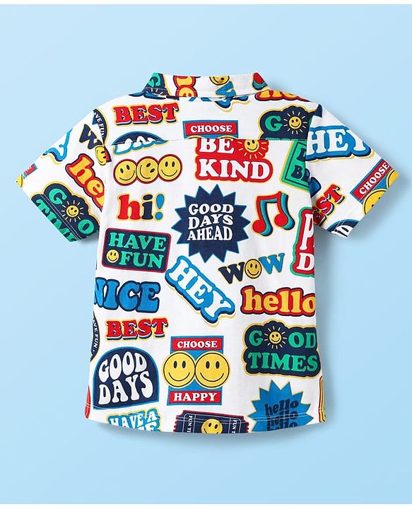Babyhug Single Jersey Knit Half Sleeves Shirt & Denim Shorts Set With Text Print - White & Blue