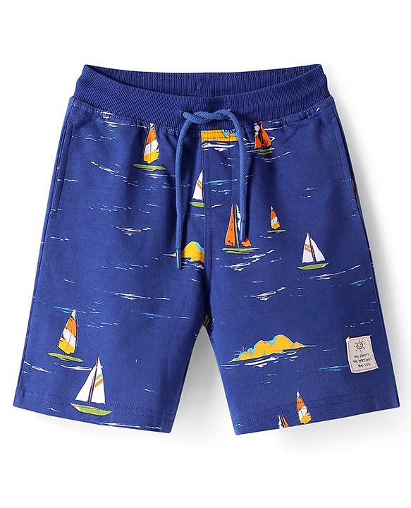 Pine Kids Looper Knit Above Knee Length Shorts with Nautical Theme Print - Blue