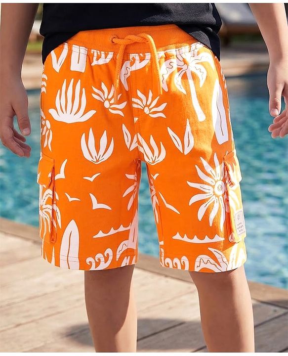Pine Kids Looper Knit Knee Length Shorts with Beach Theme Print - Orange