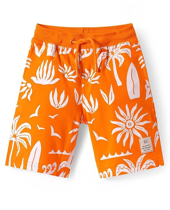 Pine Kids Looper Knit Knee Length Shorts with Beach Theme Print - Orange