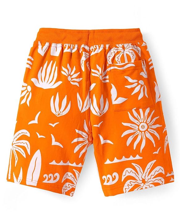 Pine Kids Looper Knit Knee Length Shorts with Beach Theme Print - Orange