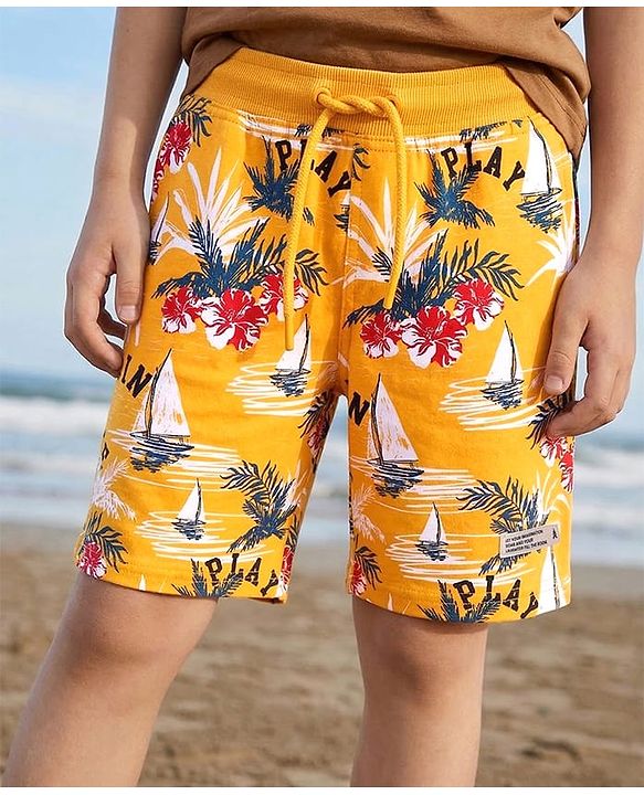 Pine Kids Looper Knit Above Knee Length Shorts with Beach Theme Print - Yellow