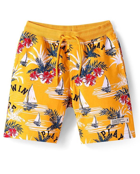 Pine Kids Looper Knit Above Knee Length Shorts with Beach Theme Print - Yellow
