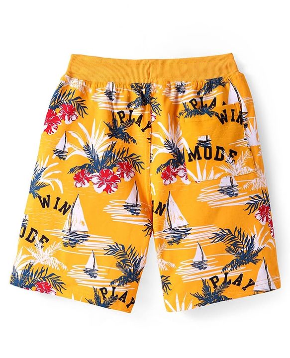 Pine Kids Looper Knit Above Knee Length Shorts with Beach Theme Print - Yellow