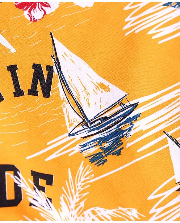 Pine Kids Looper Knit Above Knee Length Shorts with Beach Theme Print - Yellow