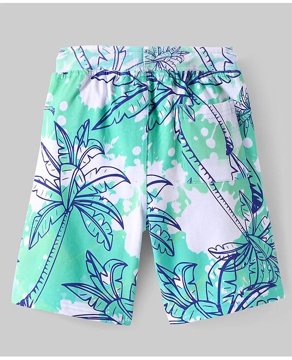 Pine Kids Looper Knit Above Knee Length Shorts With Tree Print - Turquoise & White