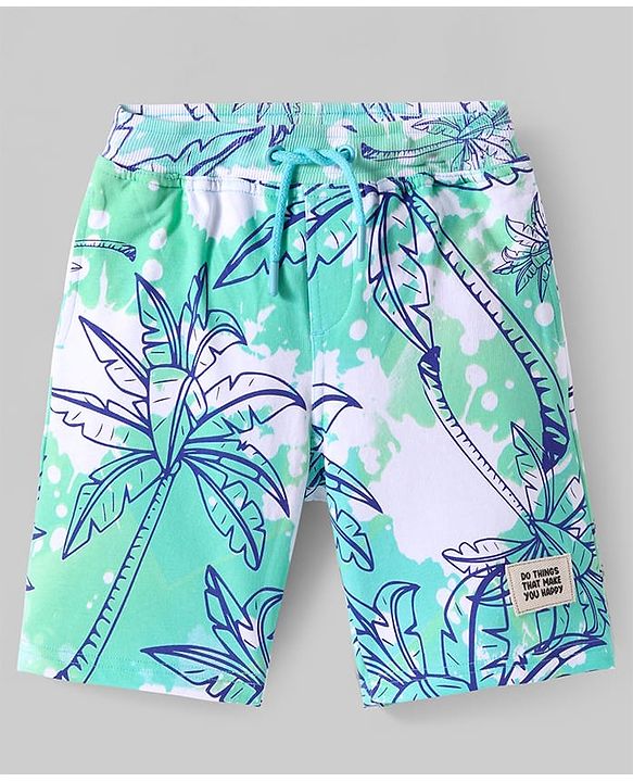 Pine Kids Looper Knit Above Knee Length Shorts With Tree Print - Turquoise & White