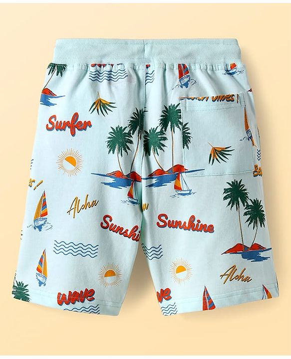 Pine Kids Looper Knit Above Knee Length Shorts with Beach Theme Print - Aqua Blue