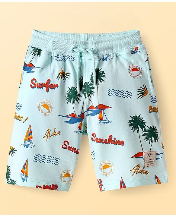Pine Kids Looper Knit Above Knee Length Shorts with Beach Theme Print - Aqua Blue