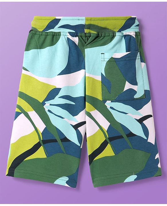 Pine Kids Looper Knit Above Knee Length Shorts with Tropical Theme Print - Limegreen