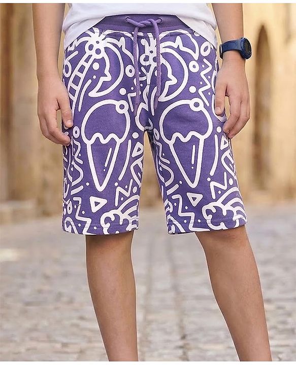 Pine Kids Looper Above Knee Length Shorts With Abstract Print - Violet