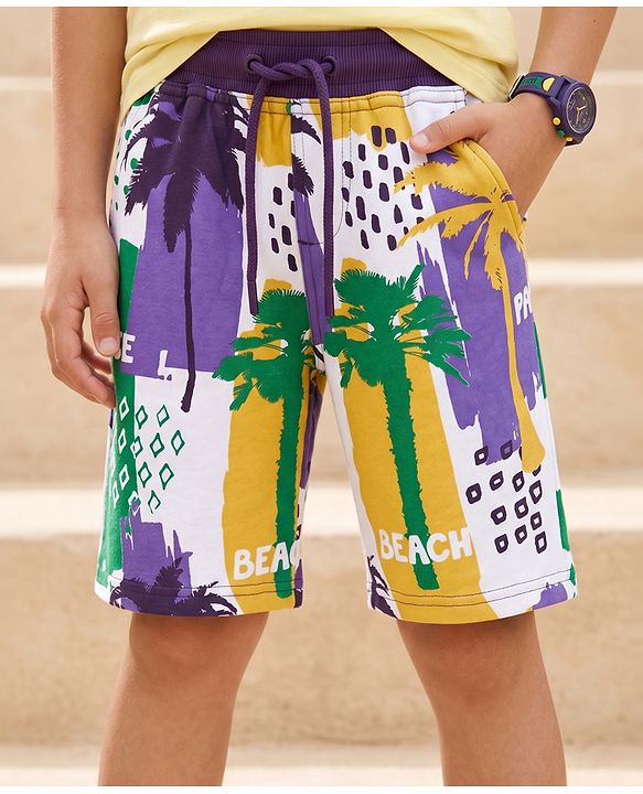 Pine Kids Looper Above Knee Length Shorts With Beach Theme Print - Yellow