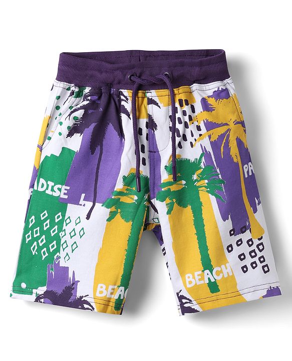 Pine Kids Looper Above Knee Length Shorts With Beach Theme Print - Yellow