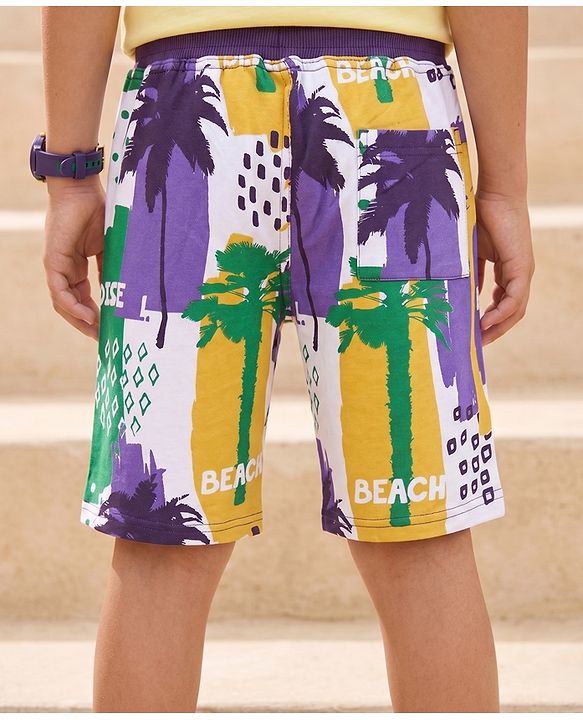 Pine Kids Looper Above Knee Length Shorts With Beach Theme Print - Yellow