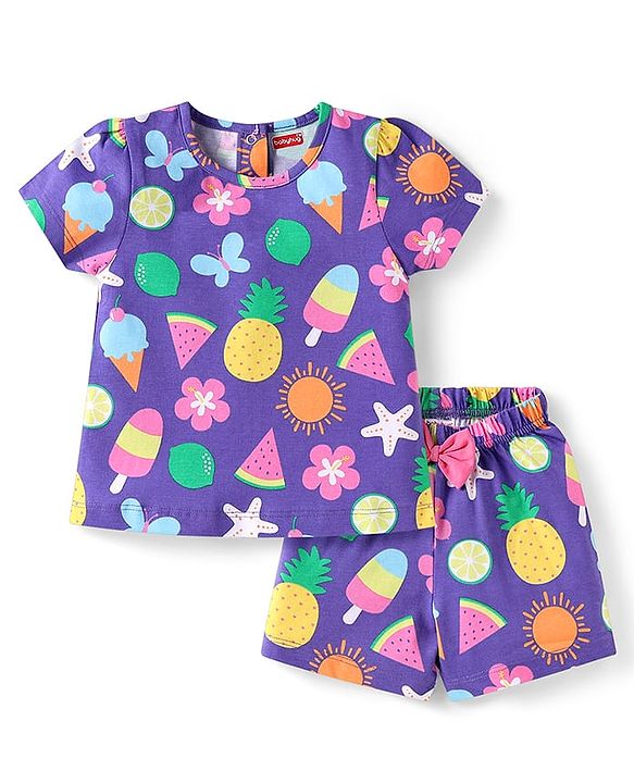 Babyhug Cotton Knit Half Sleeves Shorts Nightsuit With Tropical Print & Bow Applique -Purple