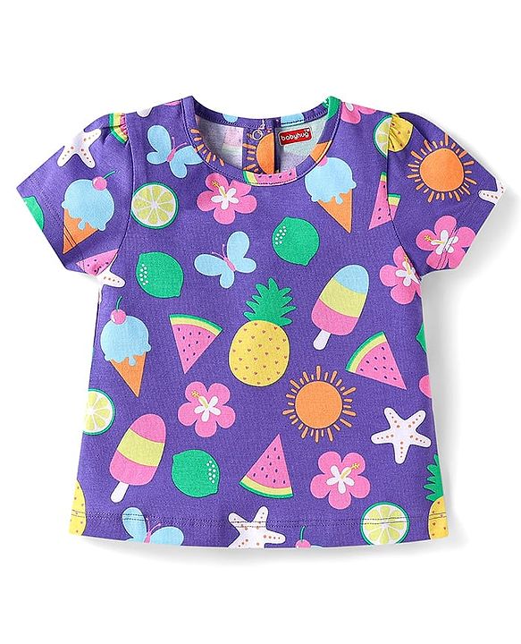 Babyhug Cotton Knit Half Sleeves Shorts Nightsuit With Tropical Print & Bow Applique -Purple