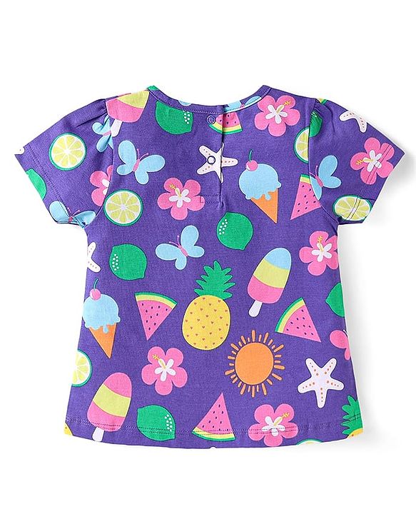 Babyhug Cotton Knit Half Sleeves Shorts Nightsuit With Tropical Print & Bow Applique -Purple
