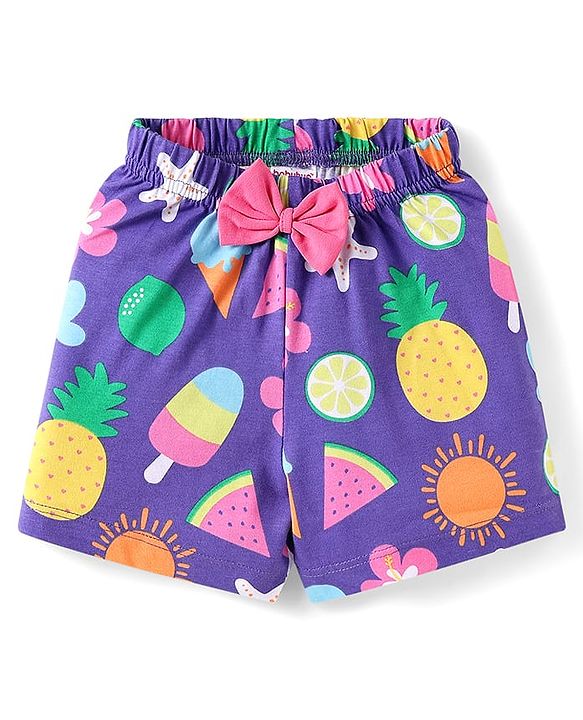 Babyhug Cotton Knit Half Sleeves Shorts Nightsuit With Tropical Print & Bow Applique -Purple