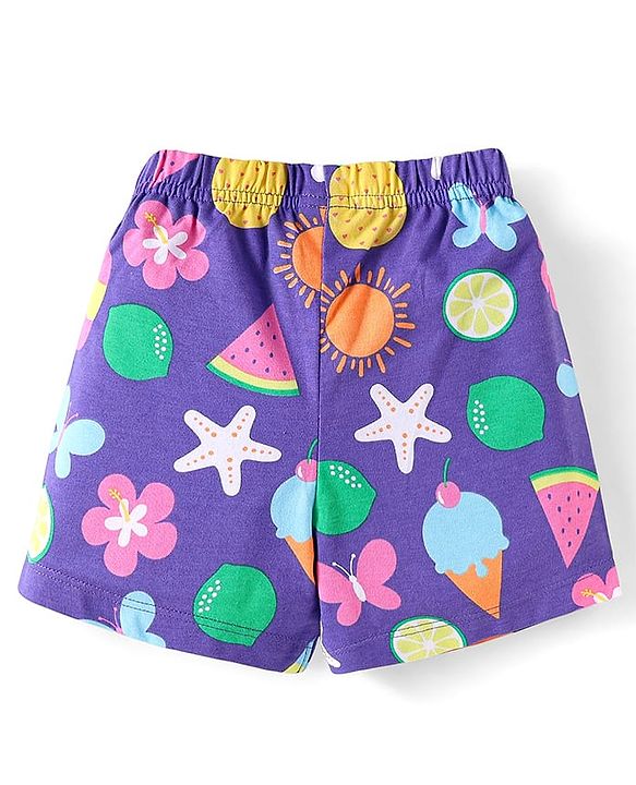 Babyhug Cotton Knit Half Sleeves Shorts Nightsuit With Tropical Print & Bow Applique -Purple