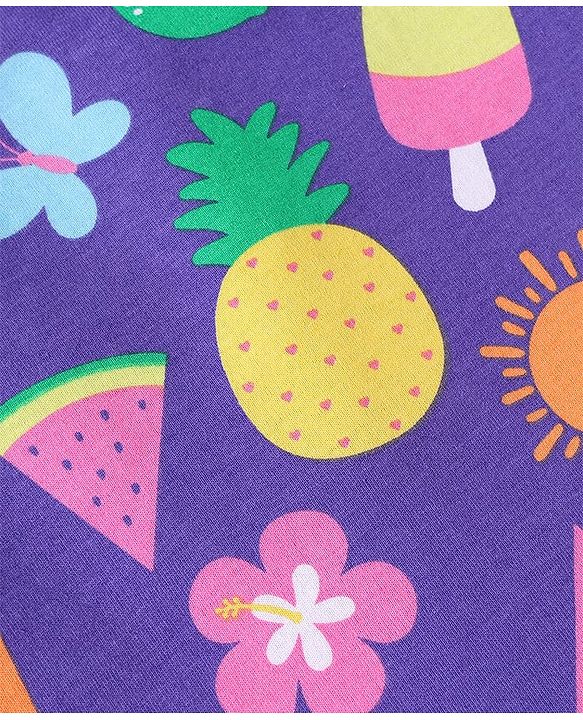 Babyhug Cotton Knit Half Sleeves Shorts Nightsuit With Tropical Print & Bow Applique -Purple