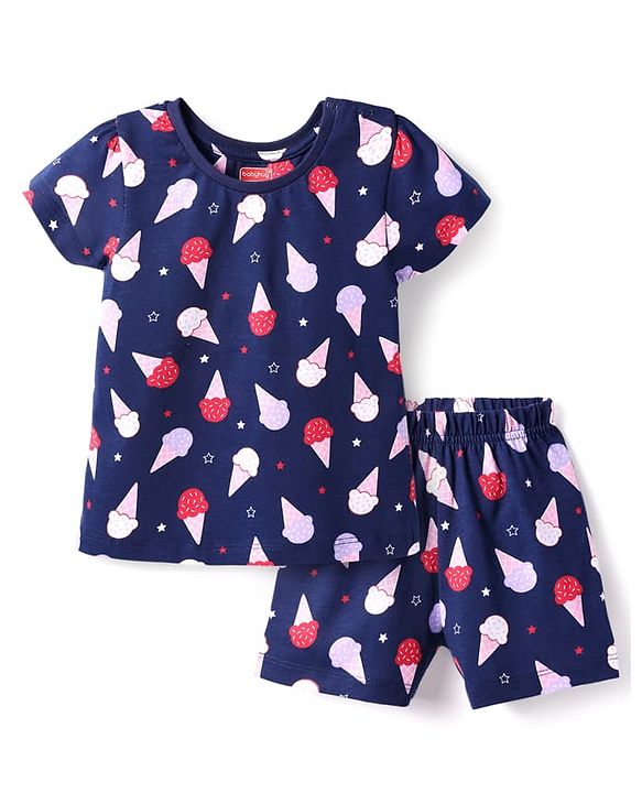 Babyhug Cotton Knit Half Sleeves Shorts Nightsuit With Ice Cream Print - Navy Blue