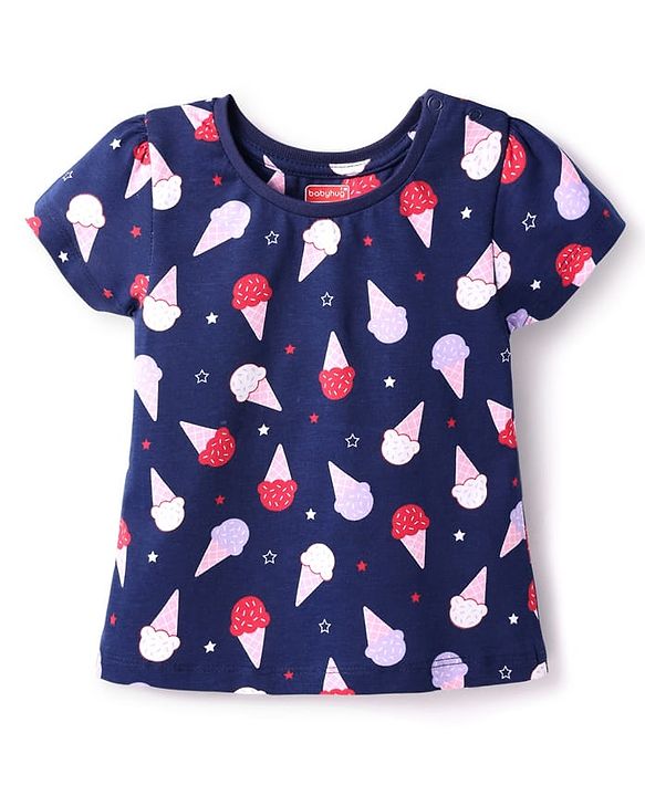 Babyhug Cotton Knit Half Sleeves Shorts Nightsuit With Ice Cream Print - Navy Blue