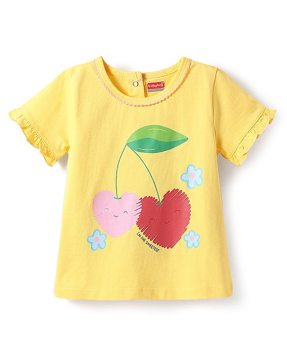 Babyhug Cotton Knit Half Sleeves Shorts Night Suit With Heart Print - Yellow