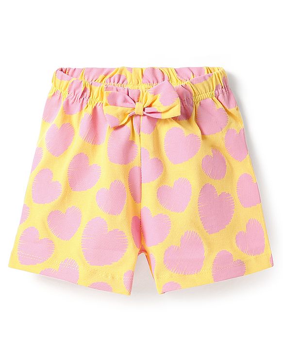 Babyhug Cotton Knit Half Sleeves Shorts Night Suit With Heart Print - Yellow
