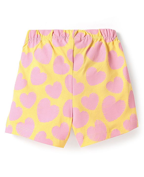 Babyhug Cotton Knit Half Sleeves Shorts Night Suit With Heart Print - Yellow