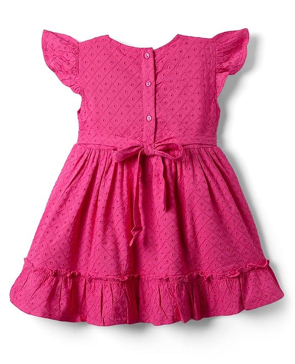 Babyhug Rayon Woven Knit Frill Sleeves Schifilli Frock with Bow Applique - Dark Pink