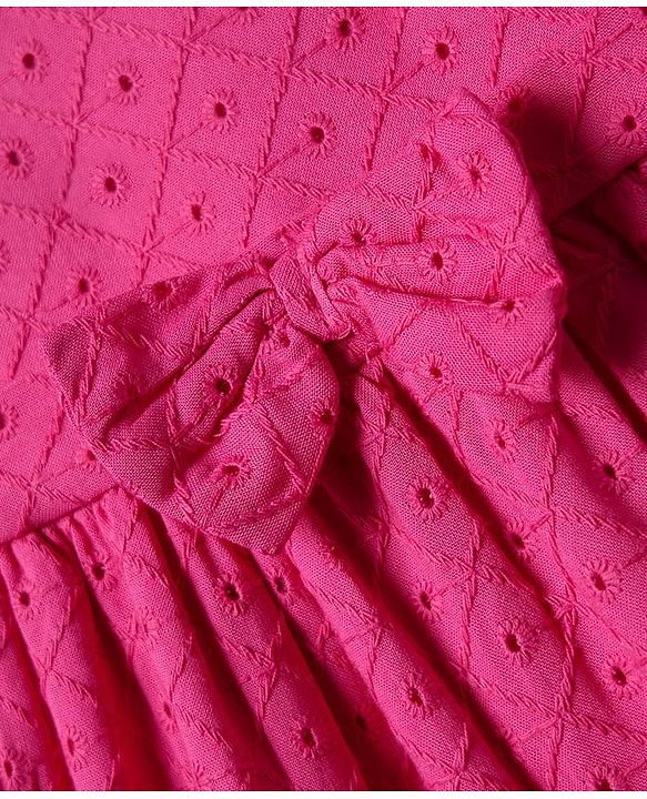 Babyhug Rayon Woven Knit Frill Sleeves Schifilli Frock with Bow Applique - Dark Pink