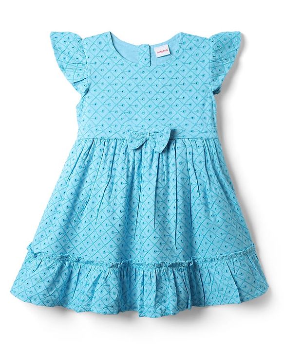 Babyhug Rayon Woven Frill Sleeves Schifilli Frock with Bow Applique - Light Blue