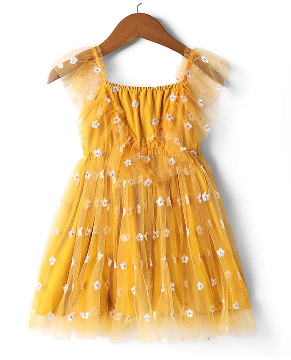 Babyhug Single Jersey Knit Sleeveless Frock With Floral Embroidery & Headband - Mustard