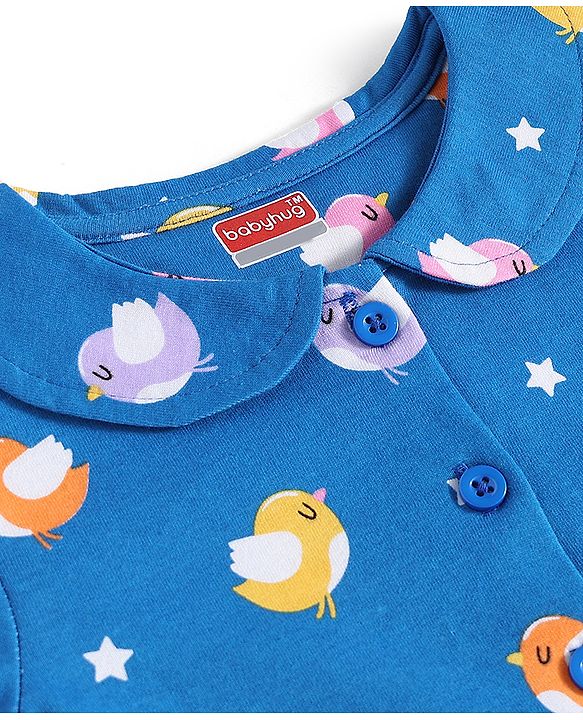 Babyhug Cotton Knit Half Sleeves Peter Pan Collar Co-ord Night Suit - Blue