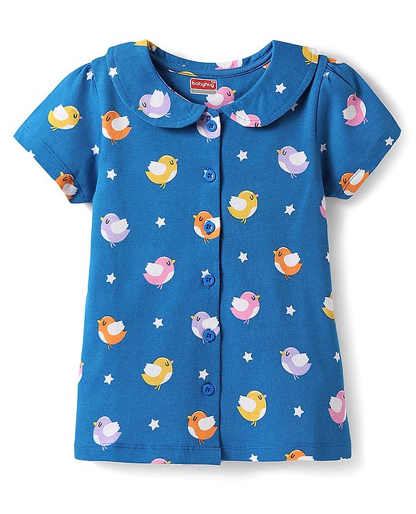 Babyhug Cotton Knit Half Sleeves Peter Pan Collar Co-ord Night Suit - Blue