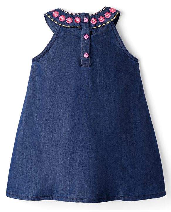 Babyhug Sleeveless Halter Neck Denim Frock With Floral Embroidery - Blue