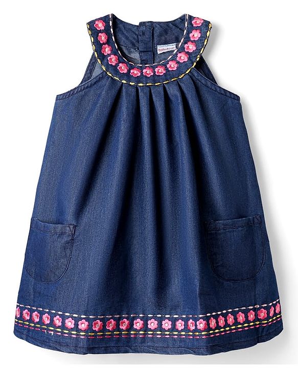 Babyhug Sleeveless Halter Neck Denim Frock With Floral Embroidery - Blue