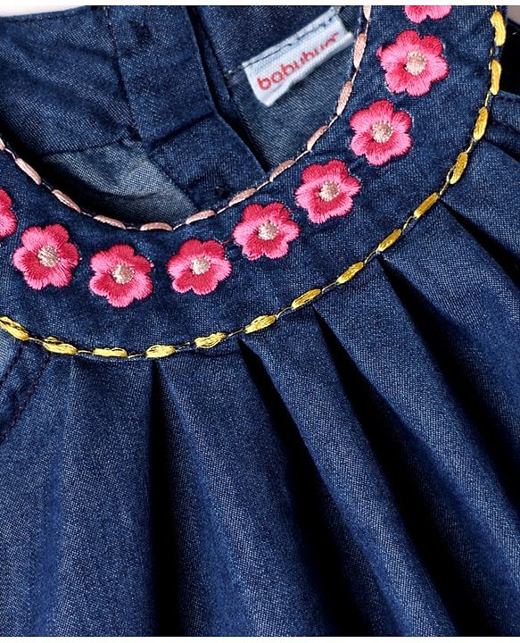 Babyhug Sleeveless Halter Neck Denim Frock With Floral Embroidery - Blue
