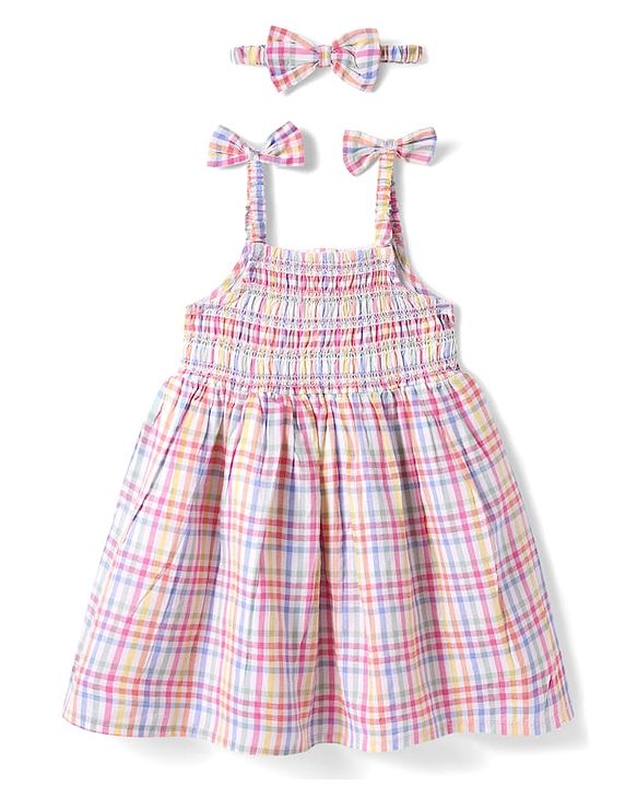 Babyhug Seersucker Woven Sleeveless Checks Frock With Headband - Multicolor
