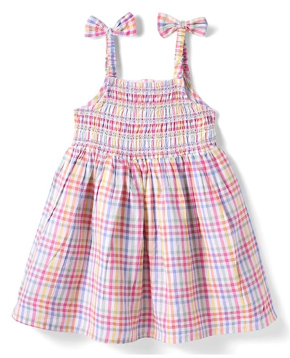 Babyhug Seersucker Woven Sleeveless Checks Frock With Headband - Multicolor